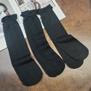 日单学院风黑色中筒袜女直板无跟网眼堆堆袜春夏薄款 花边女袜子