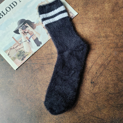 冬季水貂绒保暖条纹女中筒袜