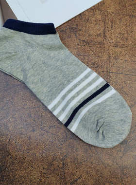 四季薄款条纹短筒袜男纯棉吸汗透气撞色边袜子灰色男士短袜
