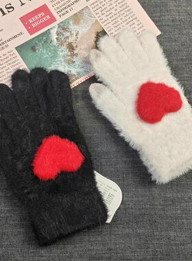 水貂绒手套厚实保暖触屏可爱女大童黑白色漂亮女生五指手套秋冬
