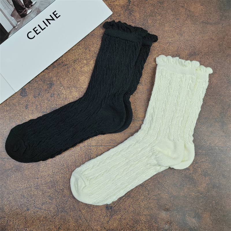 春秋中筒堆堆袜女木耳花边