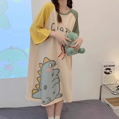 夏季纯棉睡裙女士大码夏天短袖小个子春秋恐龙薄款带胸垫孕妇睡衣