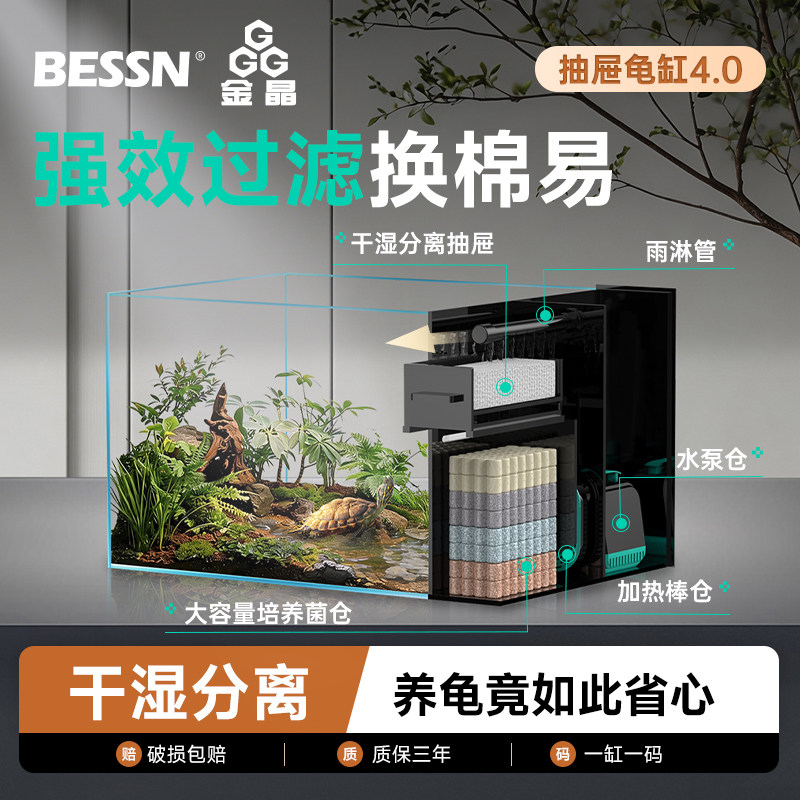 BESSN2026新款龟缸抽屉式强过滤干湿分离金晶五线超白玻璃龟缸4.0