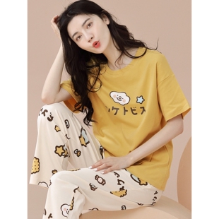 红豆纯棉睡衣100%全棉女套装夏季薄款短袖长裤半袖春秋高级感女居