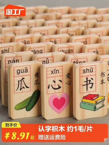 儿童早教识字积木玩具木质多米诺骨牌益智力男女孩认汉字幼儿数字