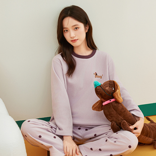 顶呱呱睡衣女长袖套装摇粒绒圆领舒适可外穿秋冬家居服套装休闲