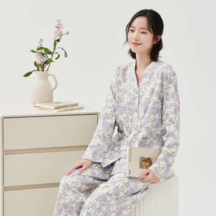 顶呱呱家居服套装女春季100%棉甜美宽松印花V领开襟长袖长裤睡衣