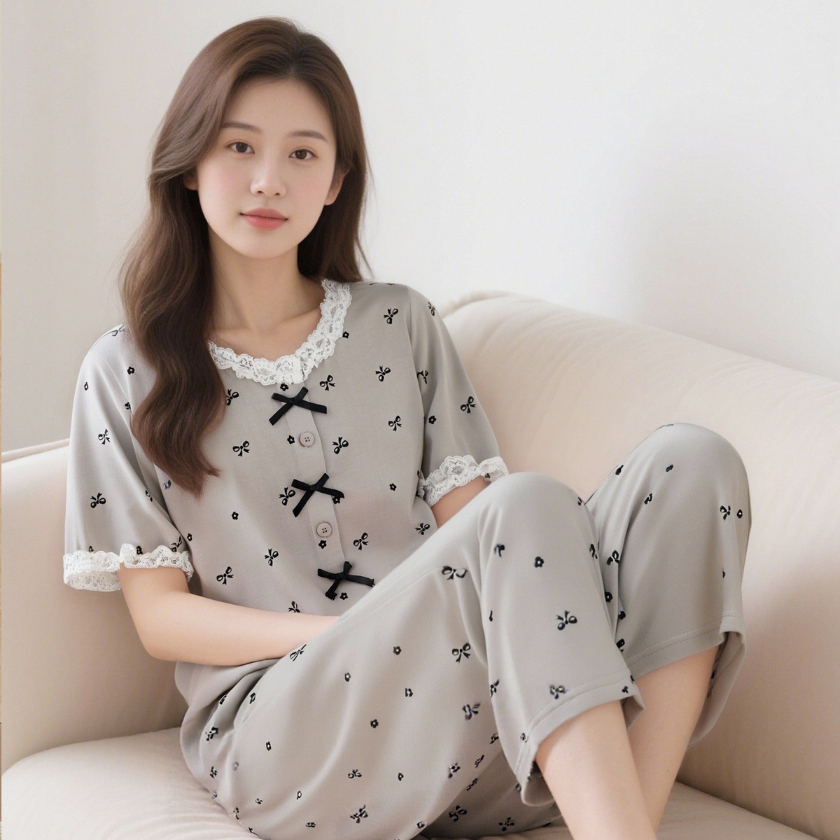 顶瓜瓜睡衣女纯棉夏季开衫短袖七分裤蕾丝蝴蝶结可外穿家居服