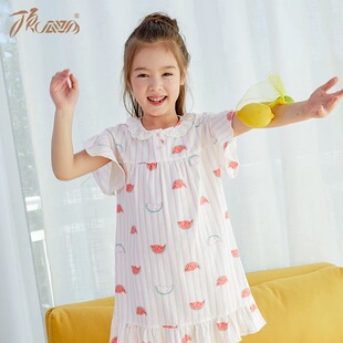 顶呱呱女童睡裙2025新款女孩夏季纯棉薄款连衣裙短袖睡衣家居服