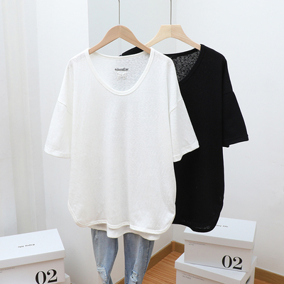 宽松慵懒风下摆弧形短袖T恤女