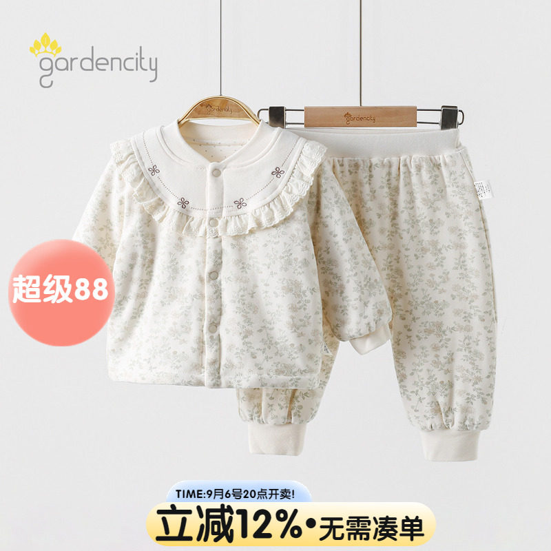 婴儿家居服套装秋冬季保暖80g夹棉甜美花边女宝宝大PP裤薄棉睡衣