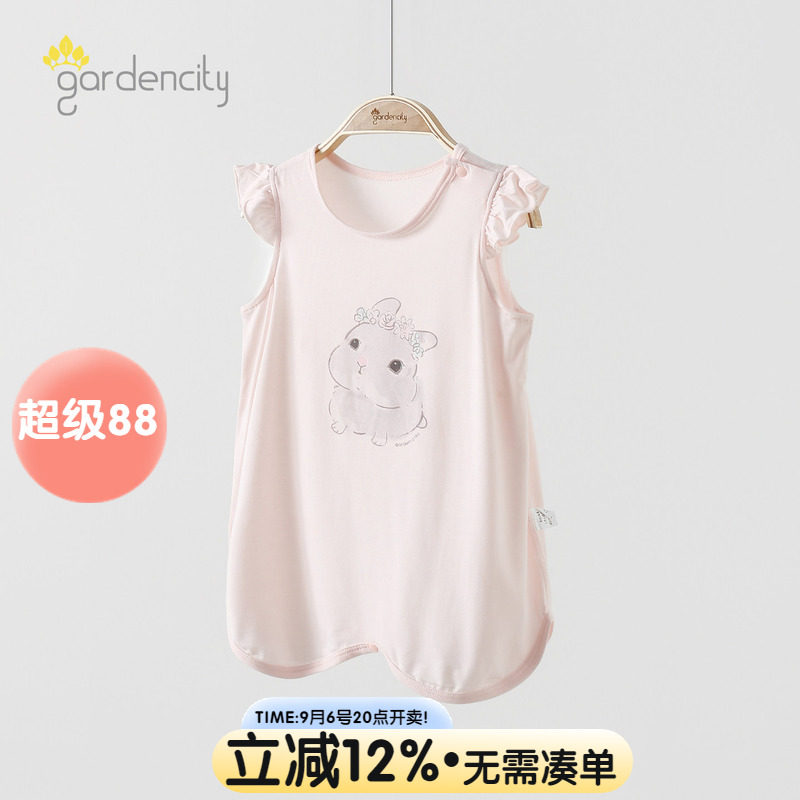 女宝宝无袖睡裙夏季薄款兰精莫代尔甜美飞袖7分睡袍女童防踢睡衣