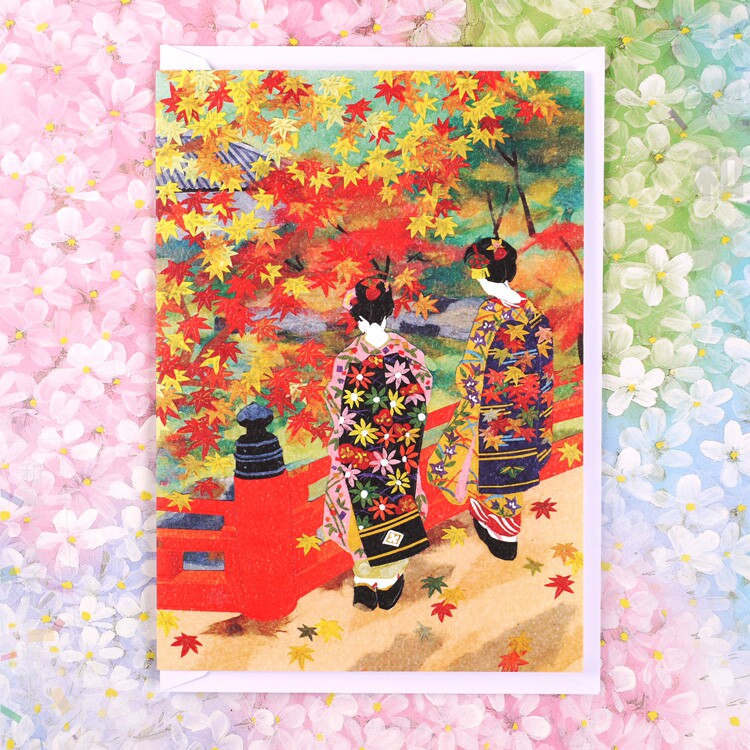 日本原装进口京都舞妓贺卡彩绘风舞伎和服四季金阁寺岚山观光贺卡