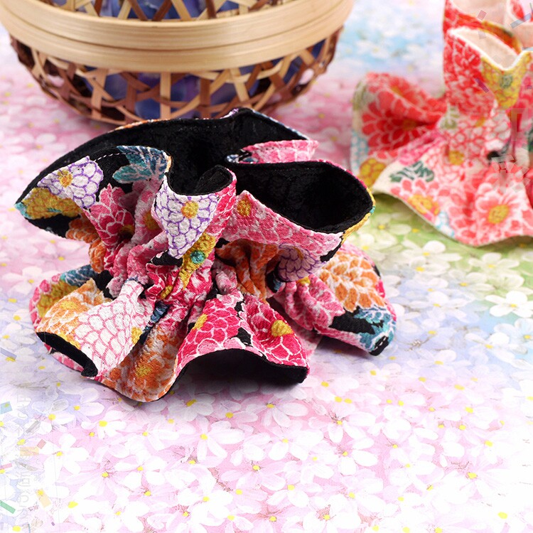 日本进口和服绉绸面料新款万寿菊牡丹芍药花卉头花发圈发带发绳结