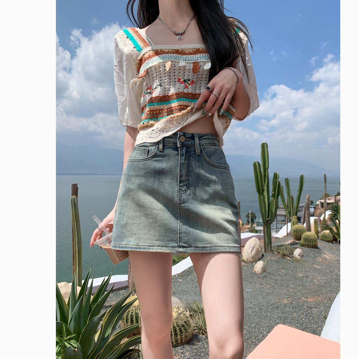牛仔短裙女夏季新款薄款a字美式垂坠感超短裙梨型身材学院半身裙