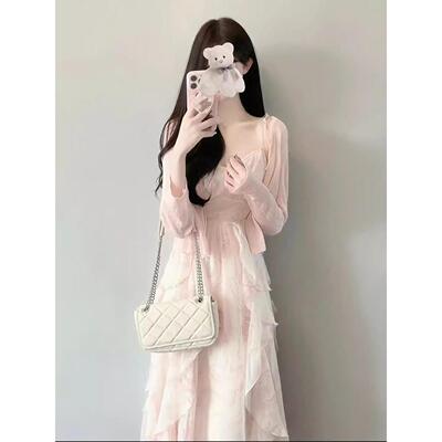 FAshi 2025年春季新款减龄粉色温柔风法式荷叶边仙女长裙开衫套装