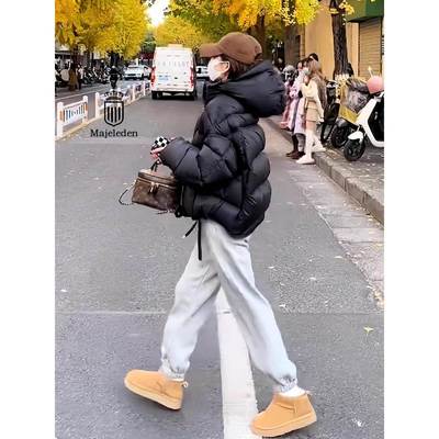 正品2025冬季新款黑色爆款连帽羽绒服女短款外套宽松白鸭绒面包服