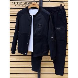 斯蒂芬黑色运动套装男春秋新款高端潮流帅气休闲男士棒球领两件套