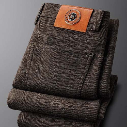 Mostarsea~轻奢潮流男士毛呢休闲裤提花秋冬款加厚修身弹力直筒裤