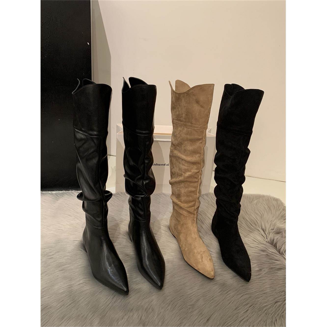 香港绒面尖头长筒靴女秋冬2025新款网红气质内增高高筒过膝堆堆靴