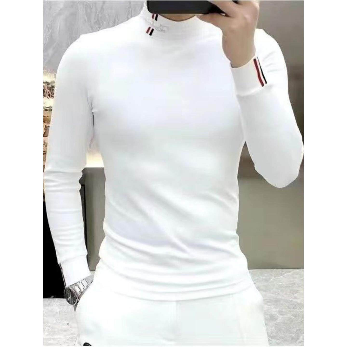 高端德绒打底衫男秋冬季新款加绒加厚男士修身潮流半高领长袖T恤