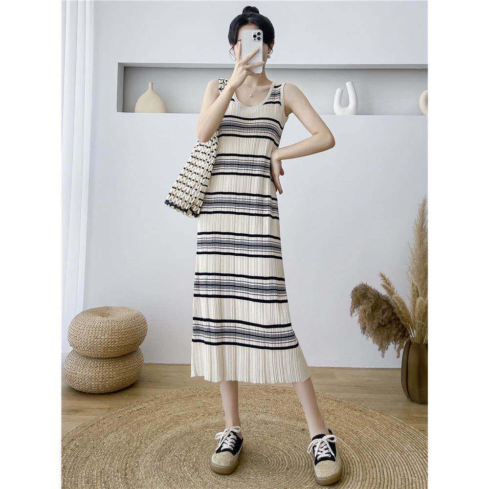 专柜条纹针织背心连衣裙女春秋季新款法式显瘦无袖长款打底吊带裙
