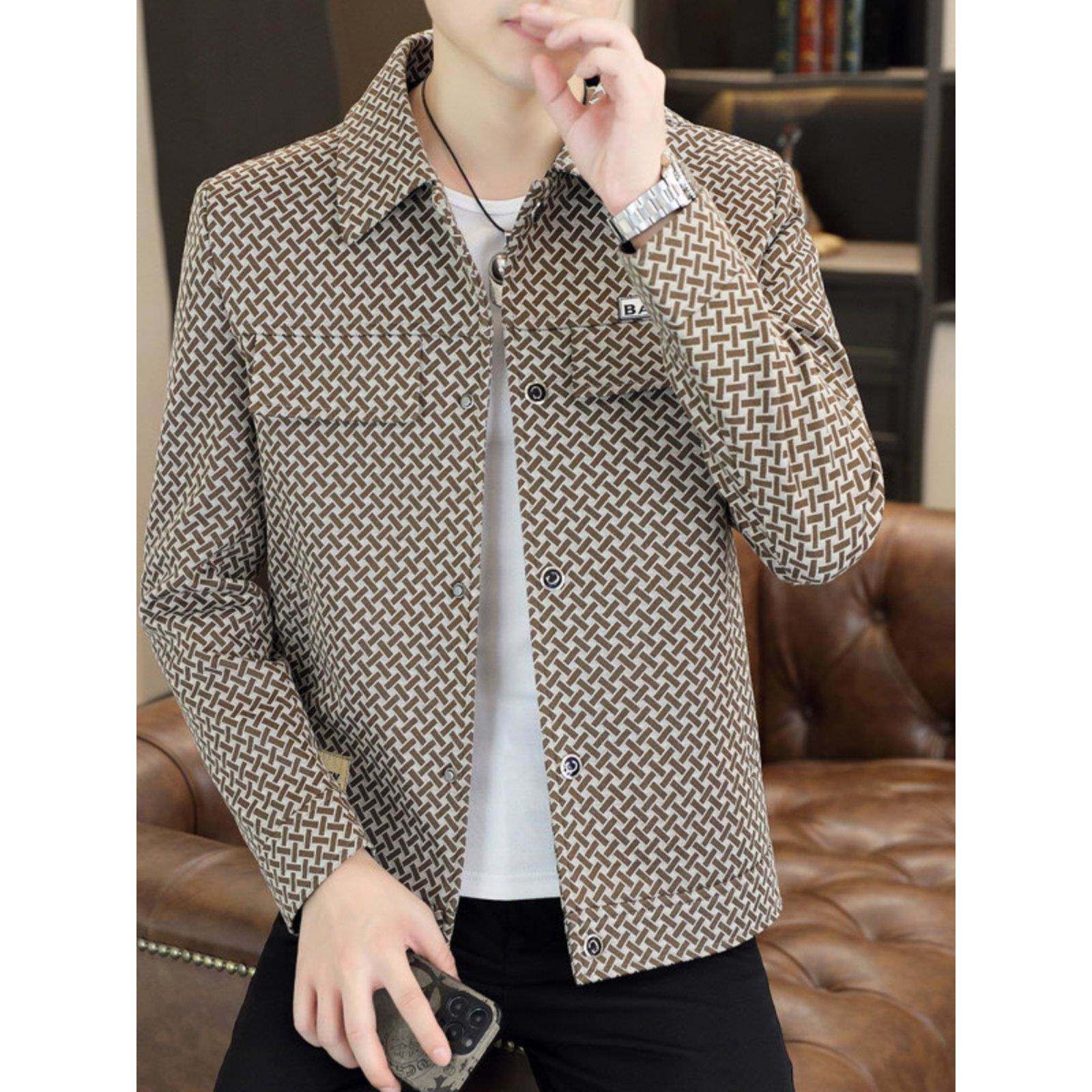 高端品牌夹克外套男春秋新款修身潮牌男士印花短款翻领休闲薄款帅