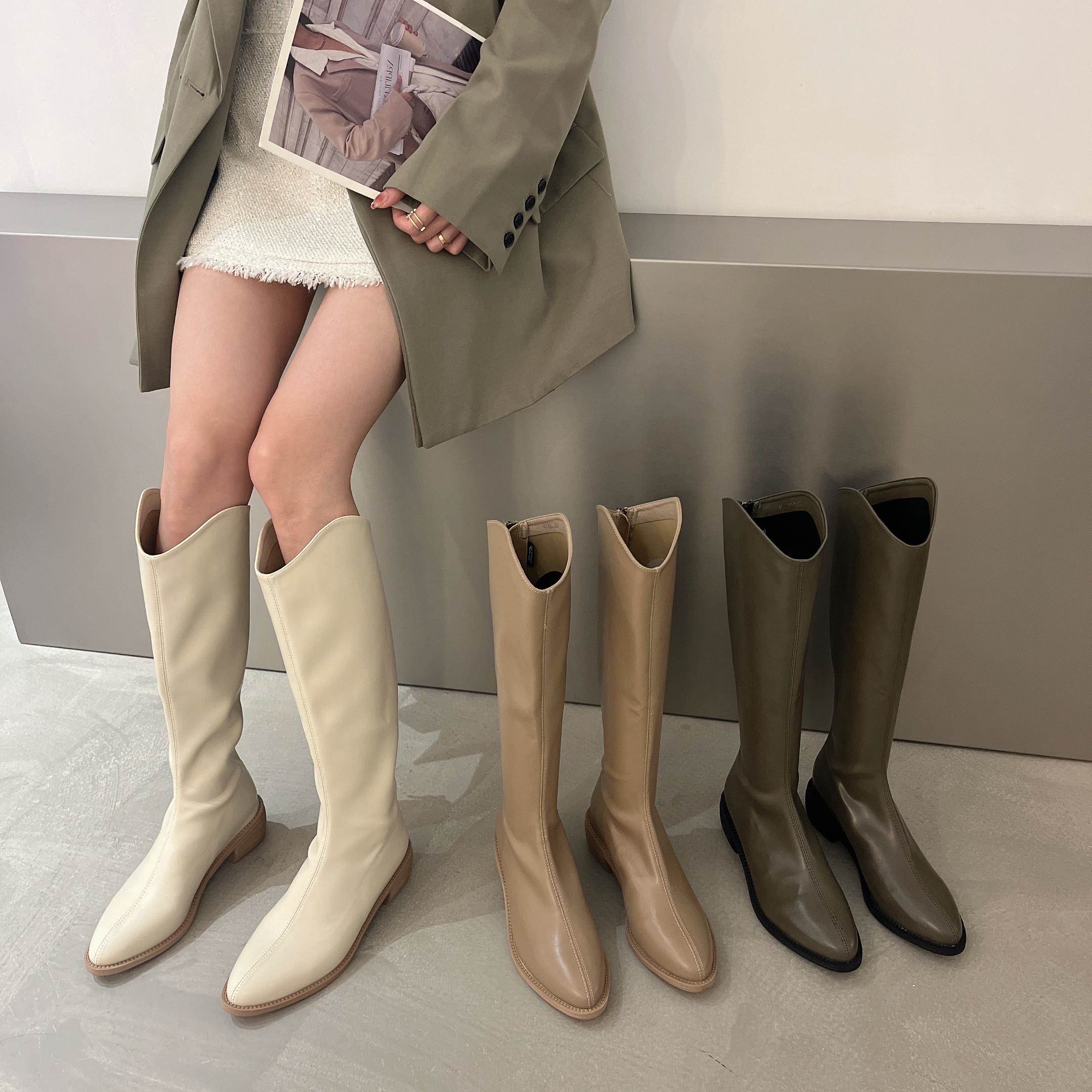 潮牌长筒马丁靴韩系超火高跟鞋女2025新款V口西部牛仔白色长靴子