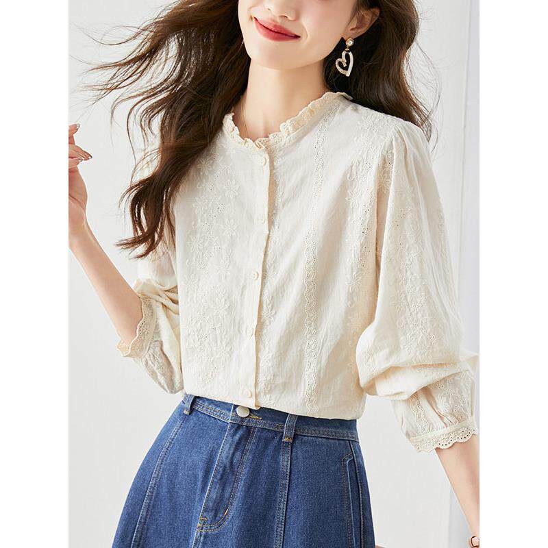 欧洲站绣花镂空杏色衬衫女2025新款春秋轻奢通勤气质纯棉职业上衣