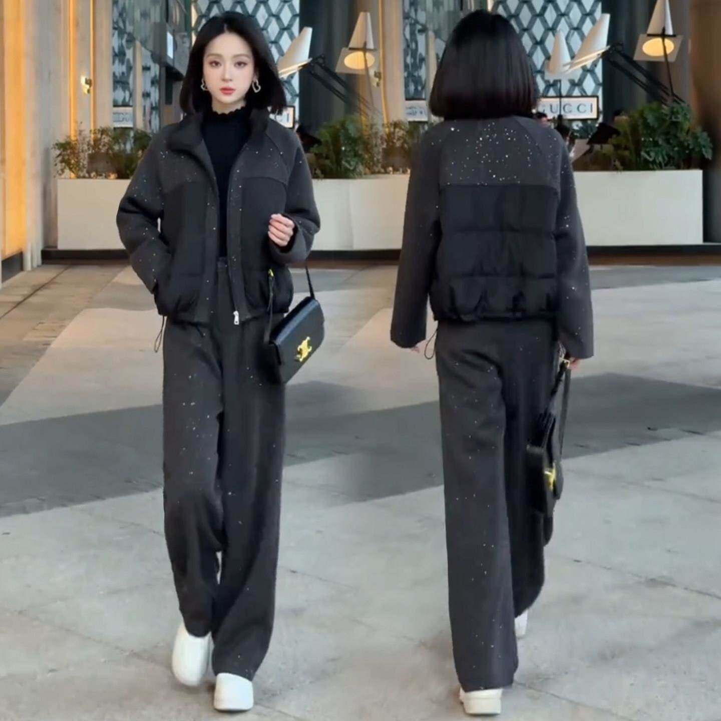 香港时尚洋气套装女冬季高级感亮片毛呢拼接棉服外套阔腿裤两件套