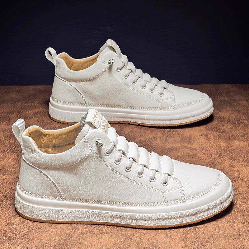 高帮板鞋男2025新款透气轻便时尚百搭中帮皮鞋男士真皮休闲小白鞋,流行男鞋,高帮鞋,淘宝优惠券,粉丝福利购,淘宝优惠卷