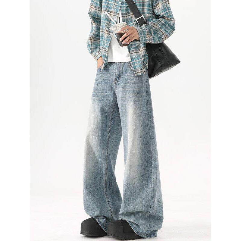 弯刀牛仔裤男款春秋水洗做旧潮流时尚美式高街竹节宽松阔腿长裤子