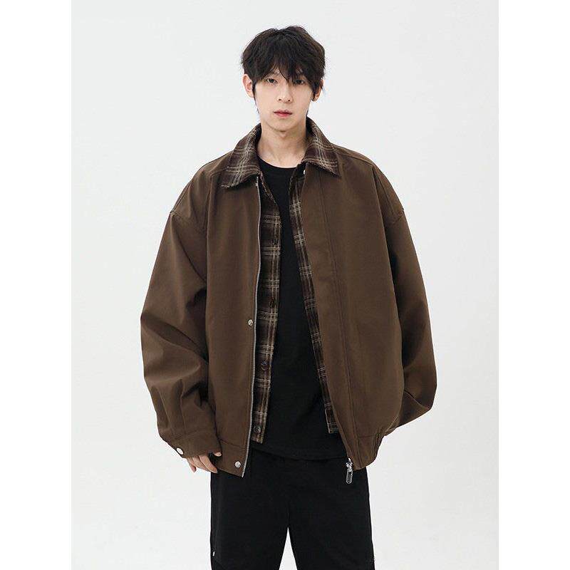 潮流时尚假两件外套男春秋季新款潮牌棒球服美式覆古宽松翻领夹克