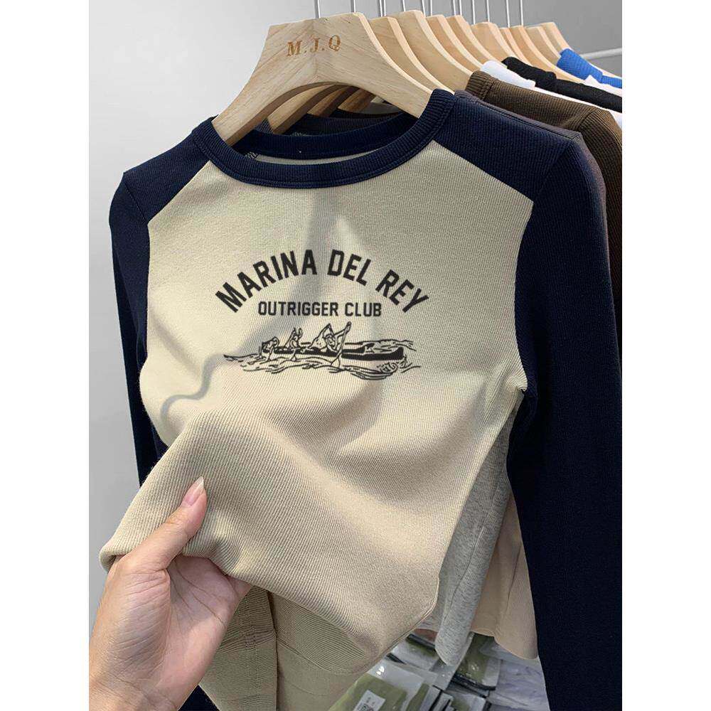 韩国2025新款正肩长袖t恤女打底衫设计感ins减龄显瘦拼色插肩上衣