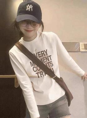 韩国Honey koko⭐2025正肩圆领纯棉长袖t恤女时尚白色打底衫上衣