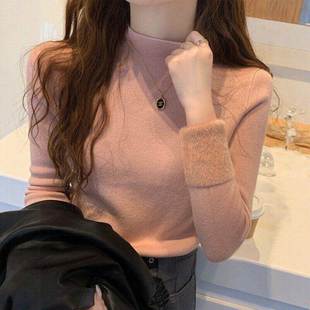 Rouje Dsyle粉色毛衣女半高领加厚一体绒保暖内搭上衣针织打底衫