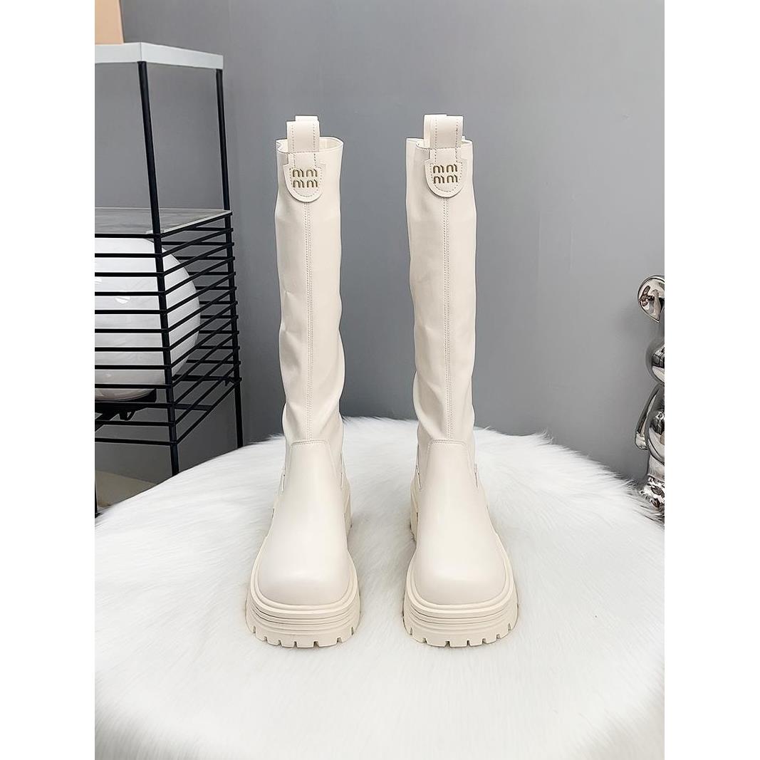 潮牌白色长靴女2025新款秋冬靴子粗高跟骑士靴小个子不过膝长筒靴