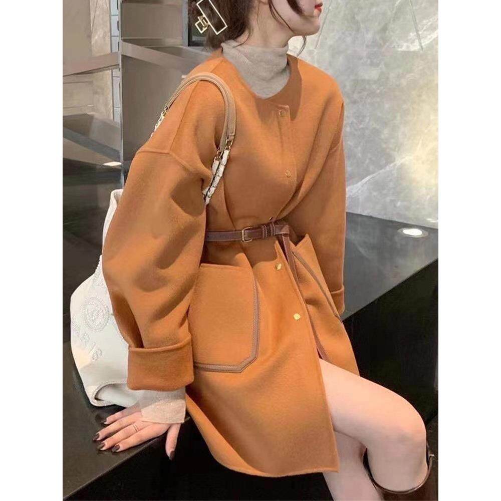 韩国2025冬新款高端双面羊绒大衣女中长款宽松圆领系带毛呢外套潮