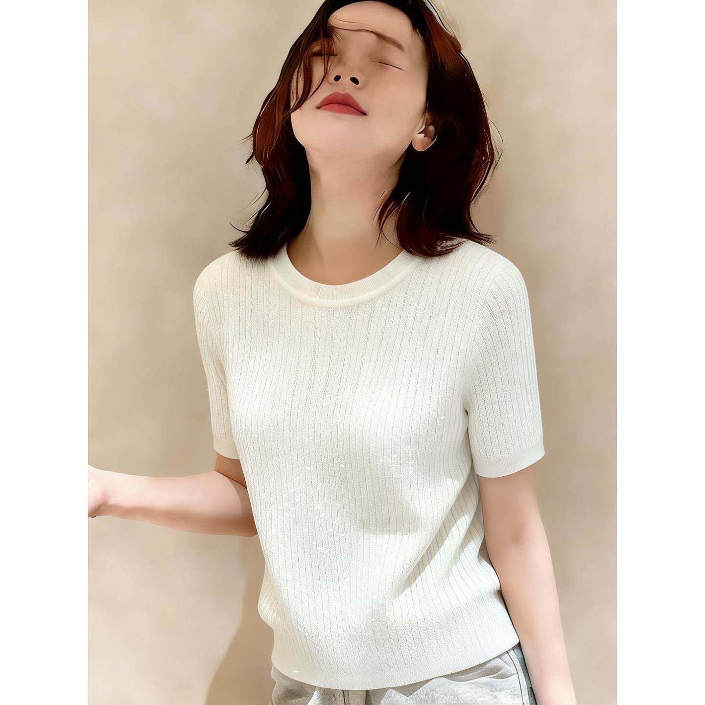 白色真丝针织短袖t恤女夏季新款气质百搭修身显瘦高级感冰丝上衣