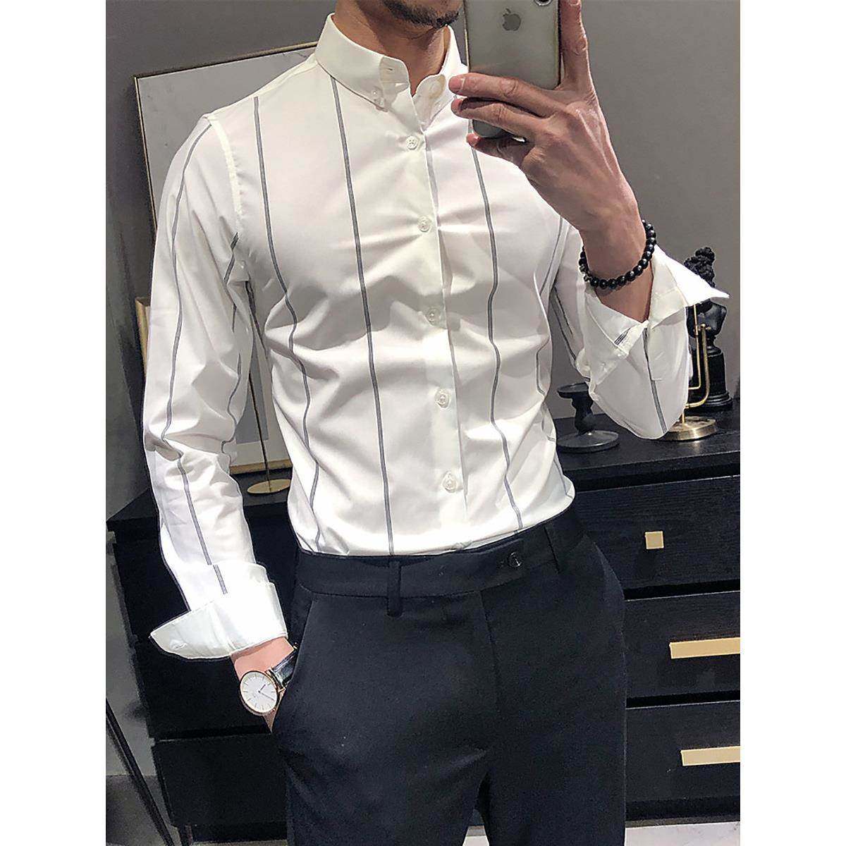 条纹衬衫男长袖修身商务正装韩版潮流帅气高端男士白色衬衣休闲潮,男装,衬衫,淘宝优惠券,粉丝福利购,淘宝优惠卷
