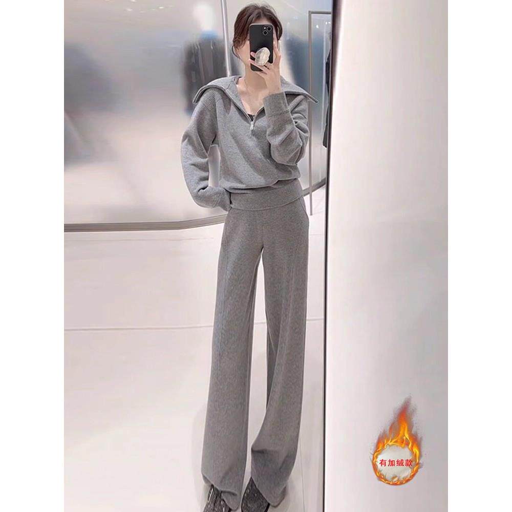欧洲站灰色休闲运动女装2025春秋冬新时尚大翻领羊毛衬里两件套