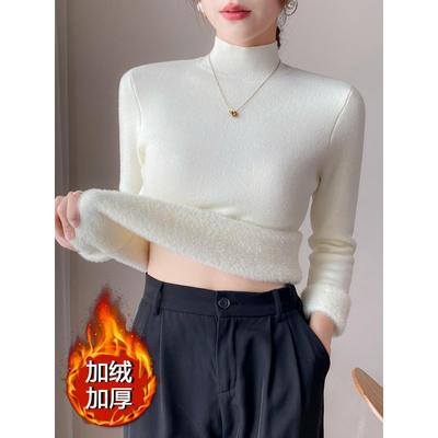 潮牌加绒毛衣女一体绒秋冬加厚内搭大码修身半高领打底针织衫上衣