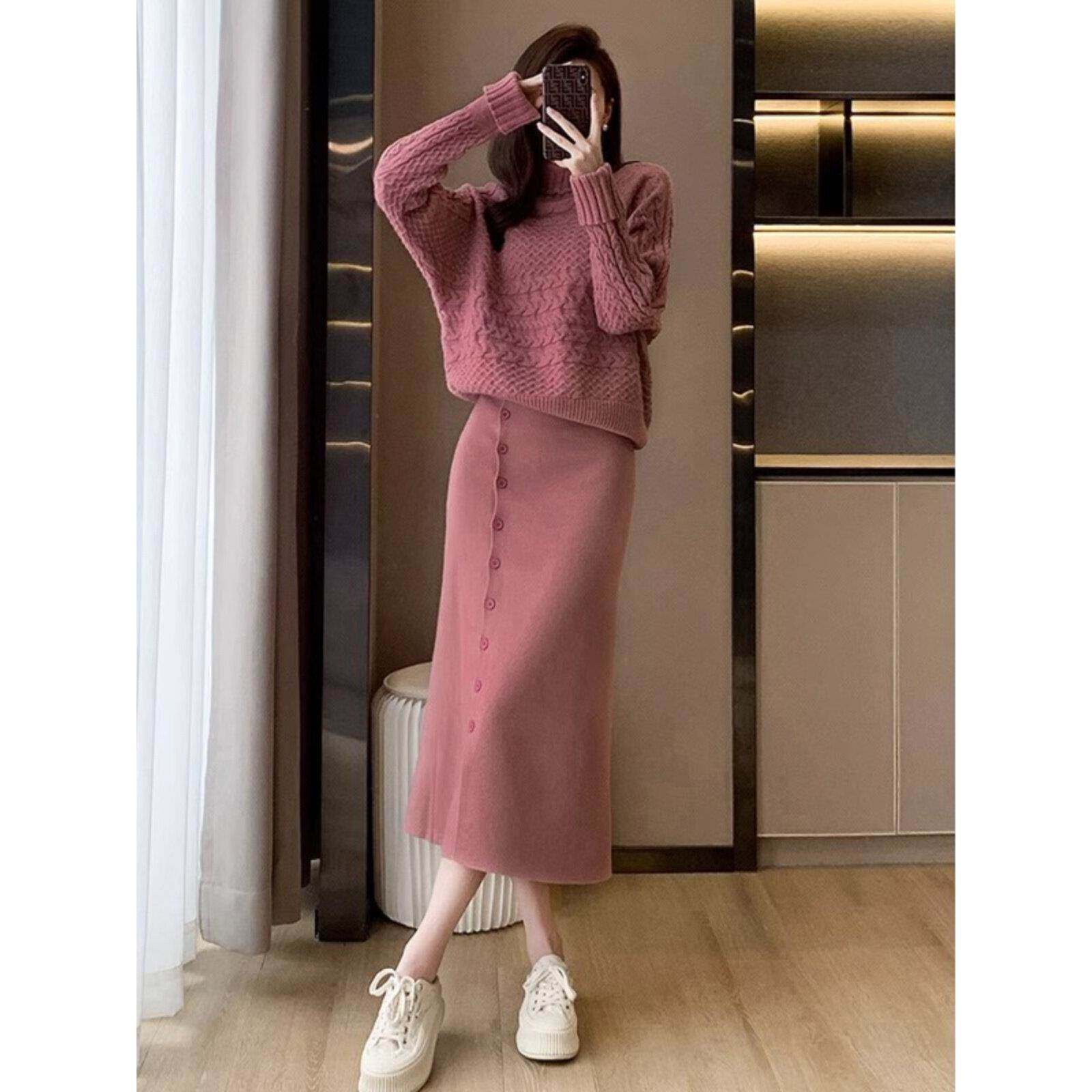 欧洲站女装2025新款慵懒风粉色高领毛衣套装半身裙针织两件套秋冬
