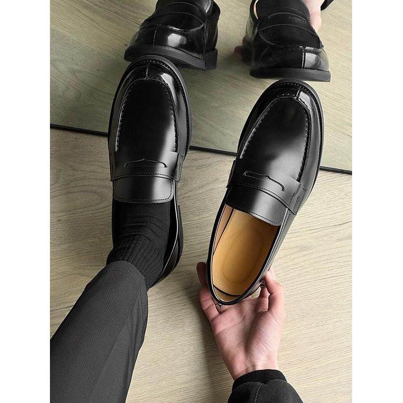 懒人一脚蹬乐福鞋黑色德比鞋男款商务正装豆豆鞋休闲英伦风皮鞋男