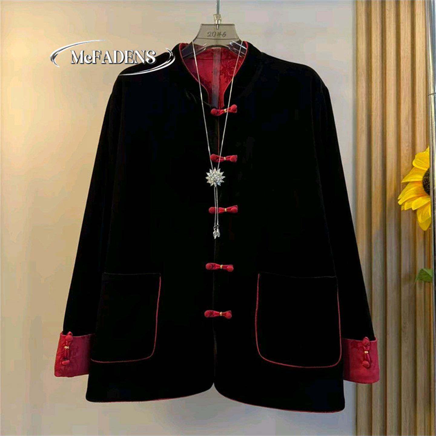 香港胖妹妹大码女装百搭外衣国风立领盘扣双面穿丝绒拼色袖外套女