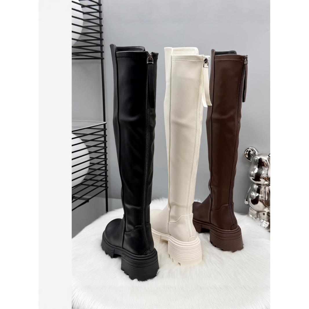 潮牌过膝长靴女2025新款秋冬骑士靴粗跟高跟长筒靴白色女士瘦瘦靴