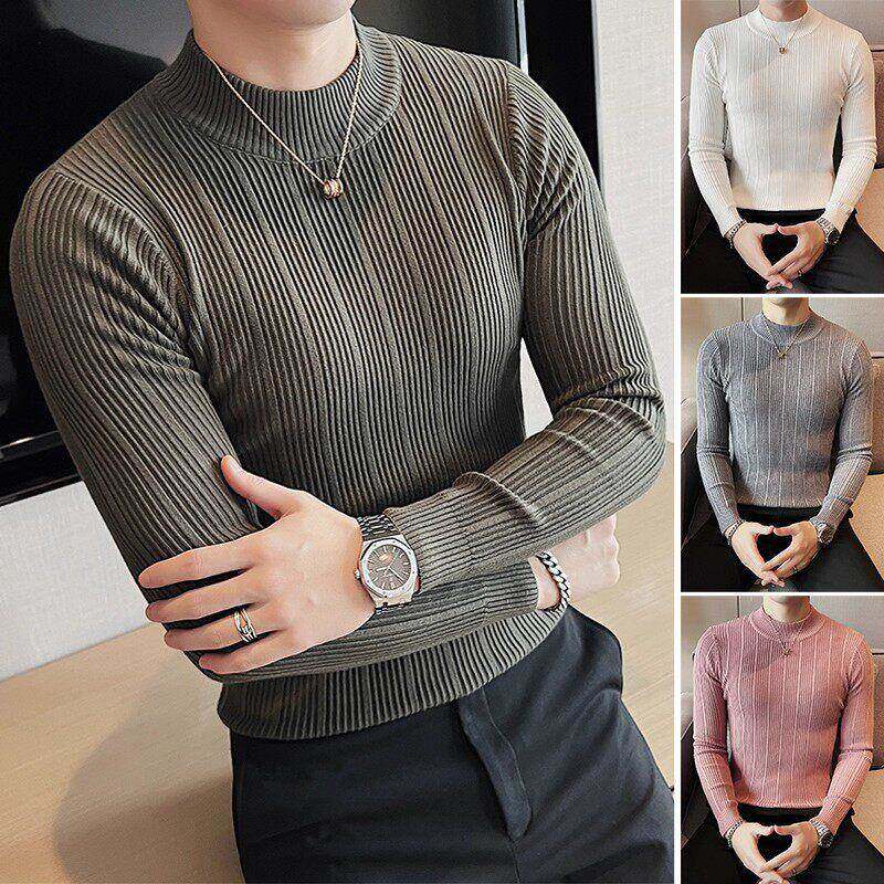 轻奢条纹男士半高领毛衣2025春秋季新款内搭针织衫修身中领打底衫