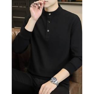 斯蒂芬黑色立领长袖T恤男春秋季2025新款高端潮牌宽松男士Polo衫