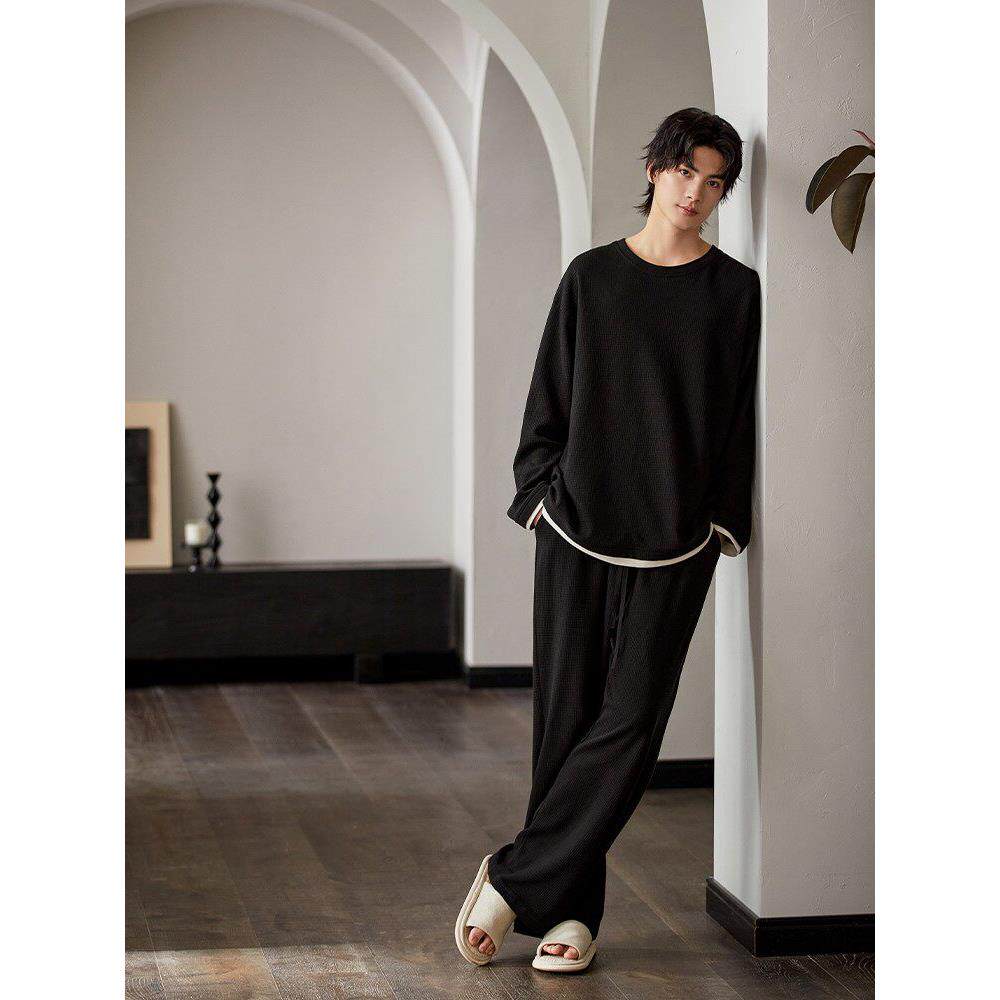 DOEO纯棉睡衣男士春秋款长袖家居服四季通用黑色高级感大码可外穿