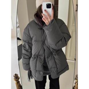 LEADINGLADY 韩系深灰色连帽羽绒服女短款收腰保暖加厚白鸭绒外套
